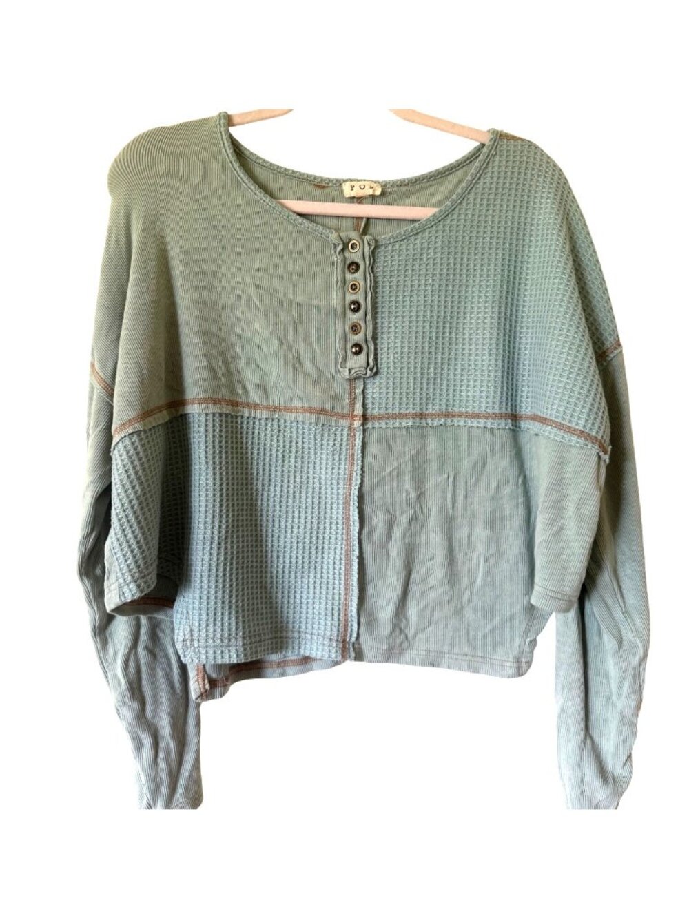 POL Oversized Alexa Pieced Waffle Knit Henley In Dusty Aqua & Sage Med Long Slv - Picture 1 of 5